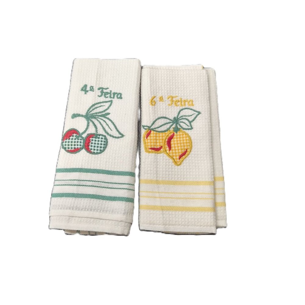 Vintage Portuguese 2 Kitchen Towels – Waffle Cotton Fruit Embroidery Patchwork